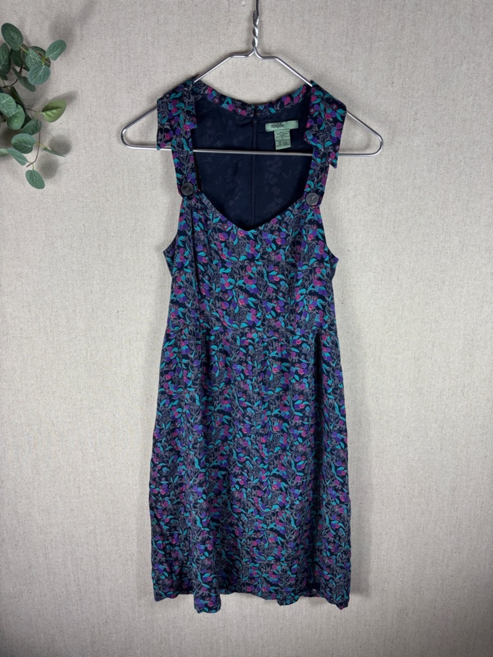 Maple > Vintage-Inspired Navy Floral Sundress with Teal & Purple Accents Small